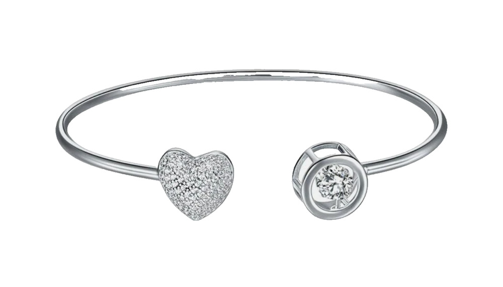 Round Cubic Zirconia Heart Shaped Bridal Bangle Bracelet Sterling Silver